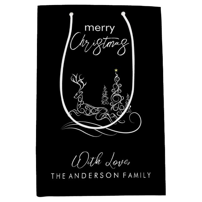 Moderne Elegante Frohe Weihnachtsbaum und Rentier Mittlere Geschenktüte (Vorderseite)