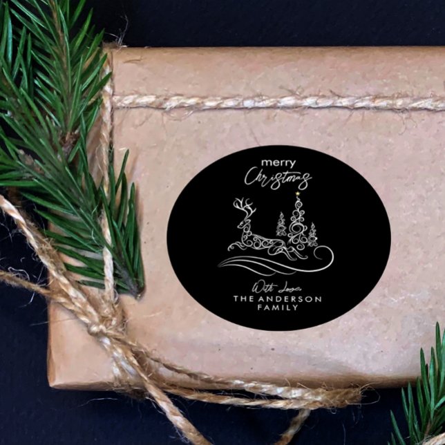 Moderne Elegante Frohe Weihnachtsbaum und Rentier Runder Aufkleber (Von Creator hochgeladen)