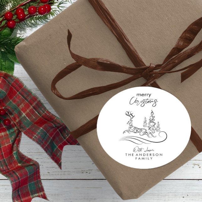 Moderne Elegante Frohe Weihnachtsbaum und Rentier Runder Aufkleber (Von Creator hochgeladen)