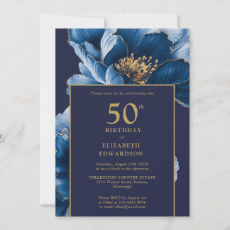 Moderne elegante Geburtstagsblumen in Navyblau Einladung