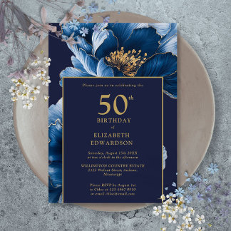 Moderne elegante Geburtstagsblumen in Navyblau Einladung