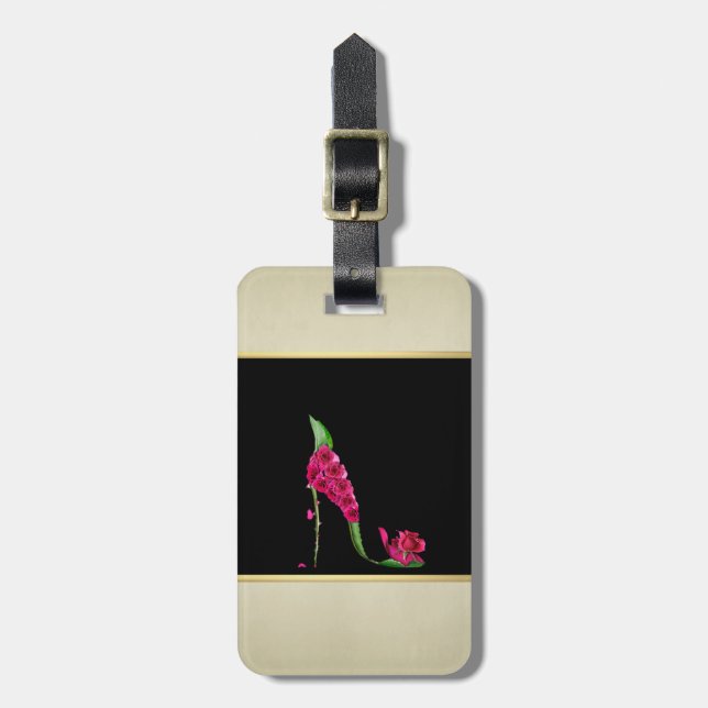 Moderne Elegante Girly, Black, Cream, Blume Heel Gepäckanhänger (Vorderseite vertikal)
