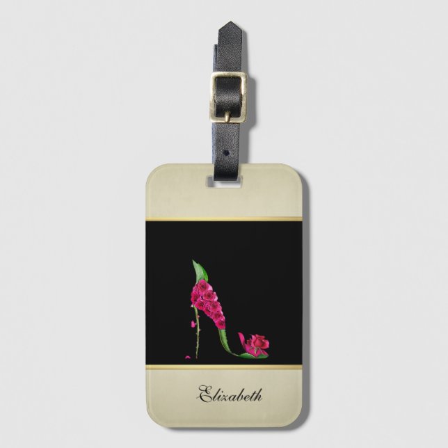 Moderne Elegante Girly, Black, Cream, Blume Heel Gepäckanhänger (Vorderseite Vertikal)