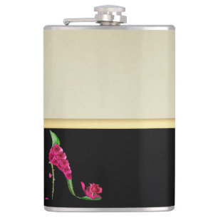 Moderne elegante girly, Schwarz, Creme, Blumenabsa Flachmann