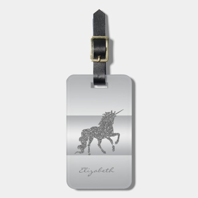 Moderne Elegante Girly, Silver Glitzer Unicorn Gepäckanhänger (Vorderseite vertikal)