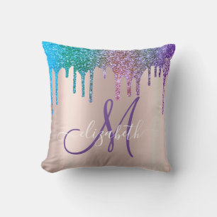Moderne elegante Glitter-Drips Rosen-Gold-Monogram Kissen