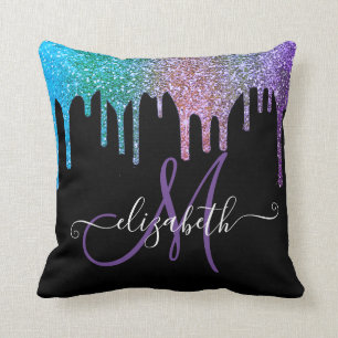 Moderne elegante Glitzer Tropfen Black Monogram Kissen
