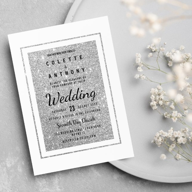 Moderne, elegante Glitzer Wedding Einladung (Modern elegant white silver glitter Wedding )