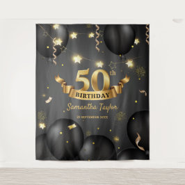 Moderne, elegante Gold-Black-Geburtstagskulisse Wandteppich