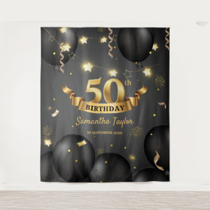 Moderne, elegante Gold-Black-Geburtstagskulisse Wandteppich