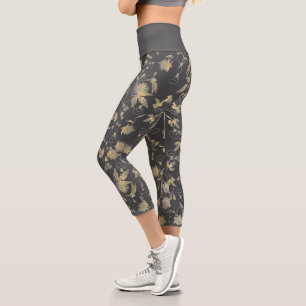 Moderne elegante Gold-Blume auf Dunkelgrau Capri Leggings