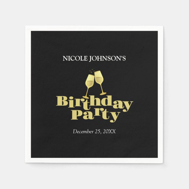 Moderne elegante Gold Champagne Black Birthday Par Serviette (Vorderseite)