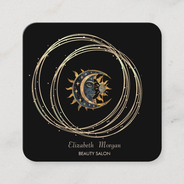 Moderne Elegante Gold Circles Sun Moon Black Quadratische Visitenkarte (Vorderseite)