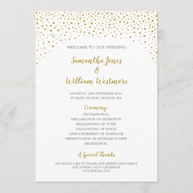 Moderne Elegante Gold Confetti Wedding Programm (Vorderseite)