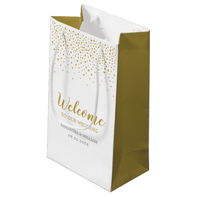Moderne elegante Gold Confetti Wedding Welcome Bag Kleine Geschenktüte (Rückseite Schrägansicht)