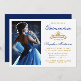 Moderne Elegante Gold Crown Royal Blue Quinceanera Einladung