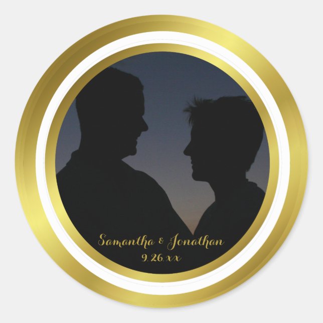 Moderne Elegante Gold Foil Foto Hochzeit Verlobung Runder Aufkleber (Vorderseite)