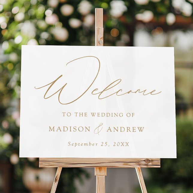 Moderne, elegante Gold Script-Hochzeit Willkommen Acrylschild (Von Creator hochgeladen)