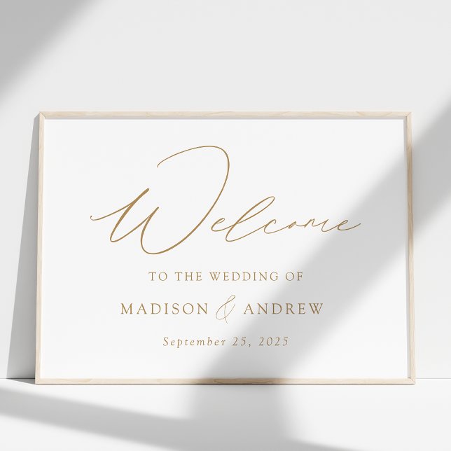 Moderne, elegante Gold Script-Hochzeit Willkommen Poster (Von Creator hochgeladen)