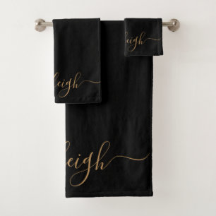 Moderne elegante Gold Script Name Black Badhandtuch Set