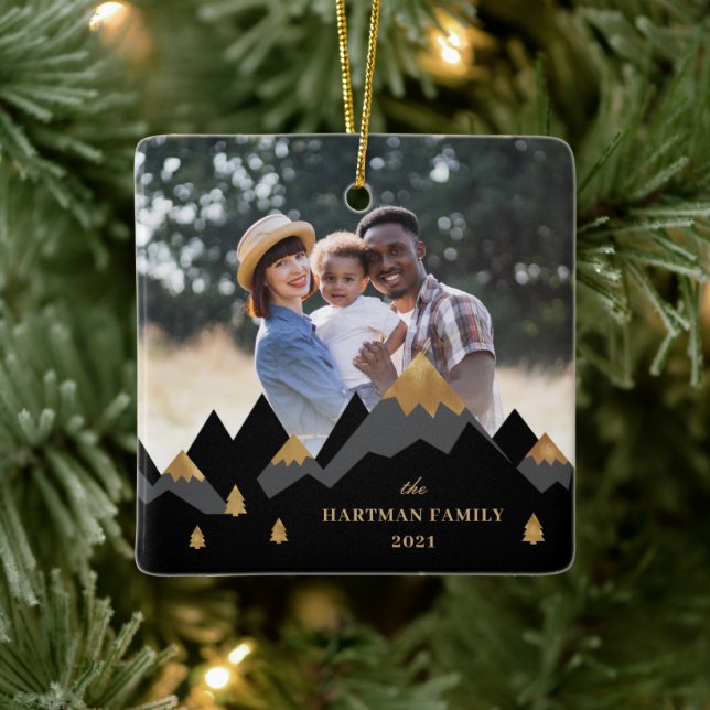 Moderne Elegante Goldberge Foto Weihnachten Keramikornament (Baum)