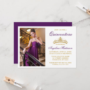 Moderne elegante goldene Kronen-Foto-Lila Quincean Einladung