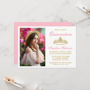Moderne elegante goldene Kronen-Foto-Rosa Quincean Einladung