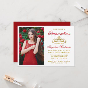 Moderne elegante goldene Kronen-Foto rote Quincean Einladung