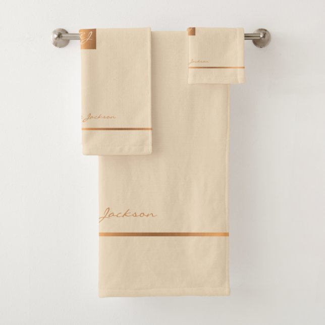 Moderne, elegante, goldfarbene mit Monogramm Strei Badhandtuch Set (Insitu)
