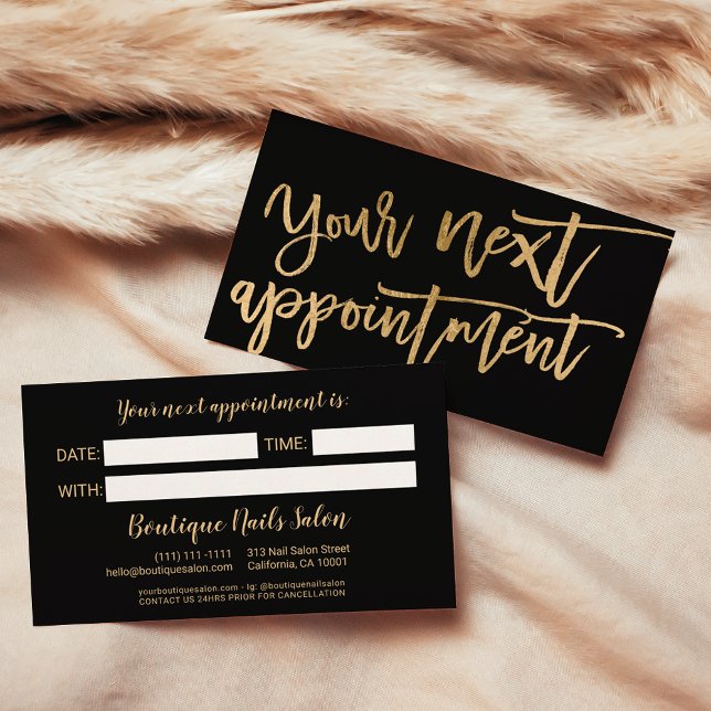 Moderne, elegante Goldfolienskripte schwarz Terminkarte (Modern elegant gold foil script typography black appointment card)