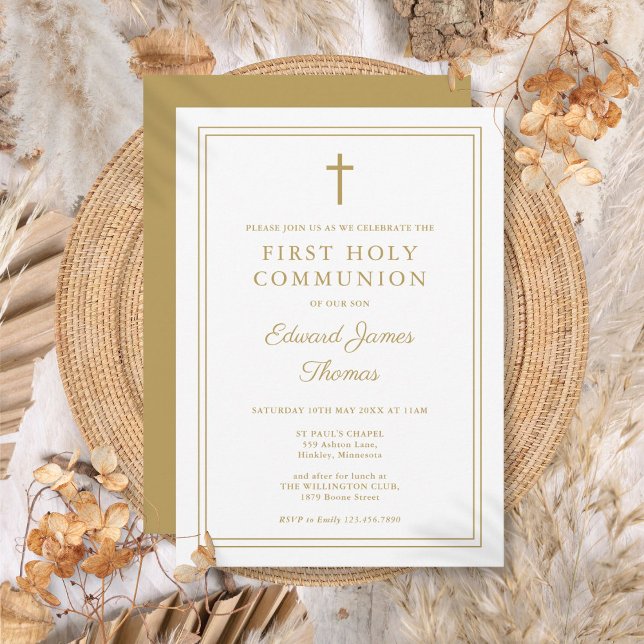 Moderne elegante Goldgrenze Erste Heilige Kommune Einladung (Modern Elegant Gold Border First Holy Communion Invitation)