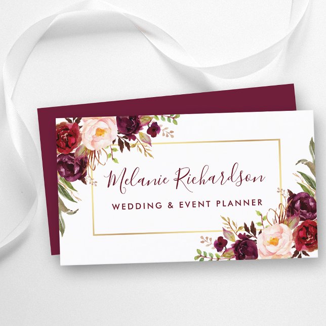 Moderne elegante Goldrahmen Burgund Blumen Visitenkarte (Customize to change text size, color or text style.)