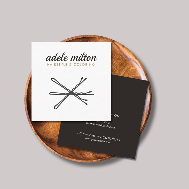 Moderne, elegante, grau-weiße Bobby-Buttone Haarst Quadratische Visitenkarte (Von Creator hochgeladen)