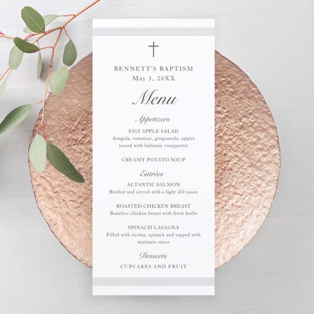 Moderne elegante graue Taufe Menükarte (Modern gender neutral  baptism menu with script headlines and simple cross.)