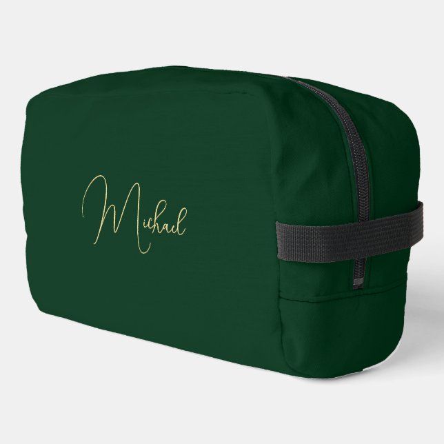 Moderne elegante Green Gold Monogram Travel Cosmet Waschbeutel (Linke Seite)