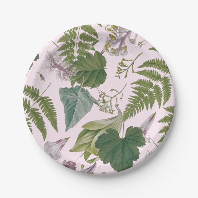 Moderne, elegante grüne Frühlingsstifte und Blätte Pappteller (Vorderseite)