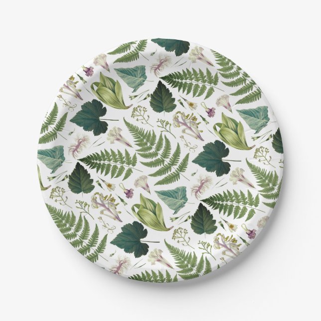 Moderne, elegante grüne Frühlingsstifte und Blätte Pappteller (Vorderseite)