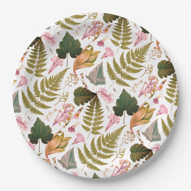 Moderne, elegante grüne Frühlingsstifte und Blätte Pappteller (Vorderseite)