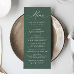 Moderne elegante grüne Hochzeit in Kalligrafie Menükarte<br><div class="desc">Genießen Sie die elegante Hochzeitskarte mit dem "Menü" in edler weißer Kalligraphie auf einem dunkelgrünen Hintergrund. Dieses Design eignet sich sowohl für lässige als auch für formelle Hochzeiten und ermöglicht es Paaren, die Speisekarte mit ihren Namen, dem Hochzeitstag und den Details zu den Mahlzeiten in fett weißer Schrift zu personalisieren....</div>