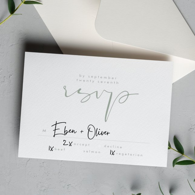 Moderne, elegante, grüne, neutrale weiße Hochzeit RSVP Karte (Von Creator hochgeladen)