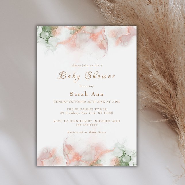 Moderne elegante grüne Rosa Boho Agate Babydusche Einladung (Modern Elegant Green Pink Boho Agate Baby Shower Invitation)