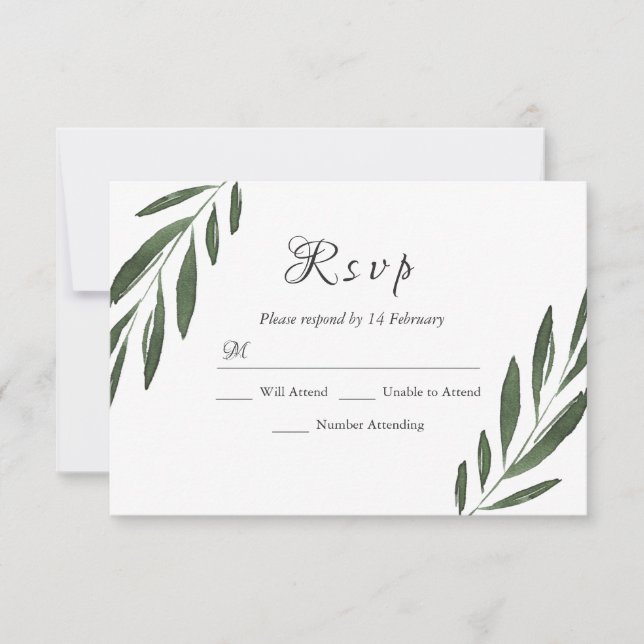 Moderne elegante grüne Wasserfarben Leaf Wedding R RSVP Karte (Vorderseite)