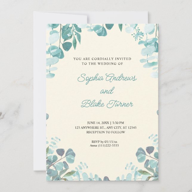 Moderne Elegante Grünpflanzen Gerahmt Gelbe Hochze Einladung (Vorderseite)