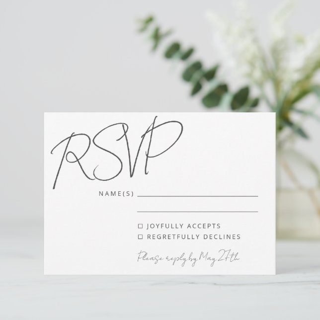 Moderne Elegante Handschrift White Chic Hochzeit RSVP Karte (Stehend Vorderseite)