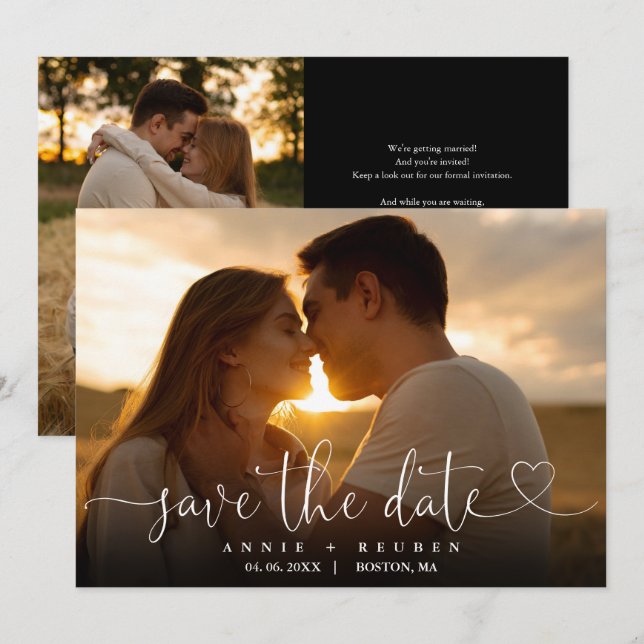 Moderne elegante Heart Script Foto Wedding Save The Date (Vorne/Hinten)