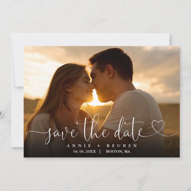 Moderne elegante Heart Script Foto Wedding Save The Date (Vorderseite)