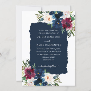 Moderne elegante Hochzeit der Blauen Burgunder Einladung