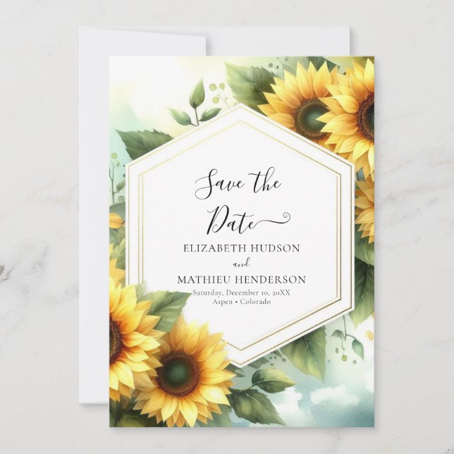 Moderne, elegante Hochzeit der Sonnenblumen Save The Date (Vorderseite)