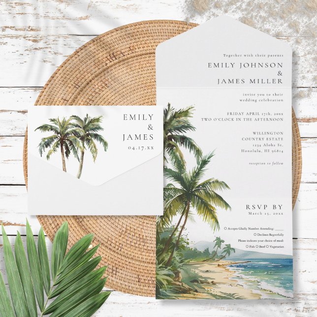 Moderne elegante Hochzeit im tropischen Wasser All In One Einladung (Modern Elegant Watercolor Tropical Beach Wedding All In One Invitation)
