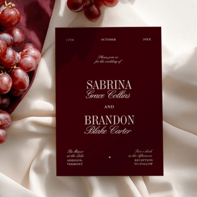 Moderne elegante Hochzeit in Burgund Einladung (Modern Elegant Burgundy Wedding Invitation)